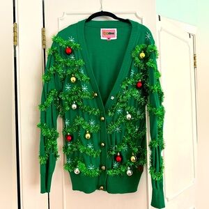 Green Christmas cardigan. Tipsy Elves. Size Large. Ornaments and Bells. Holiday